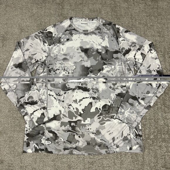 Simms SolarFlex Veil Camo Mens Large Long Sleeve Shirt Gray White Fishing UPF50 - Picture 1 of 8